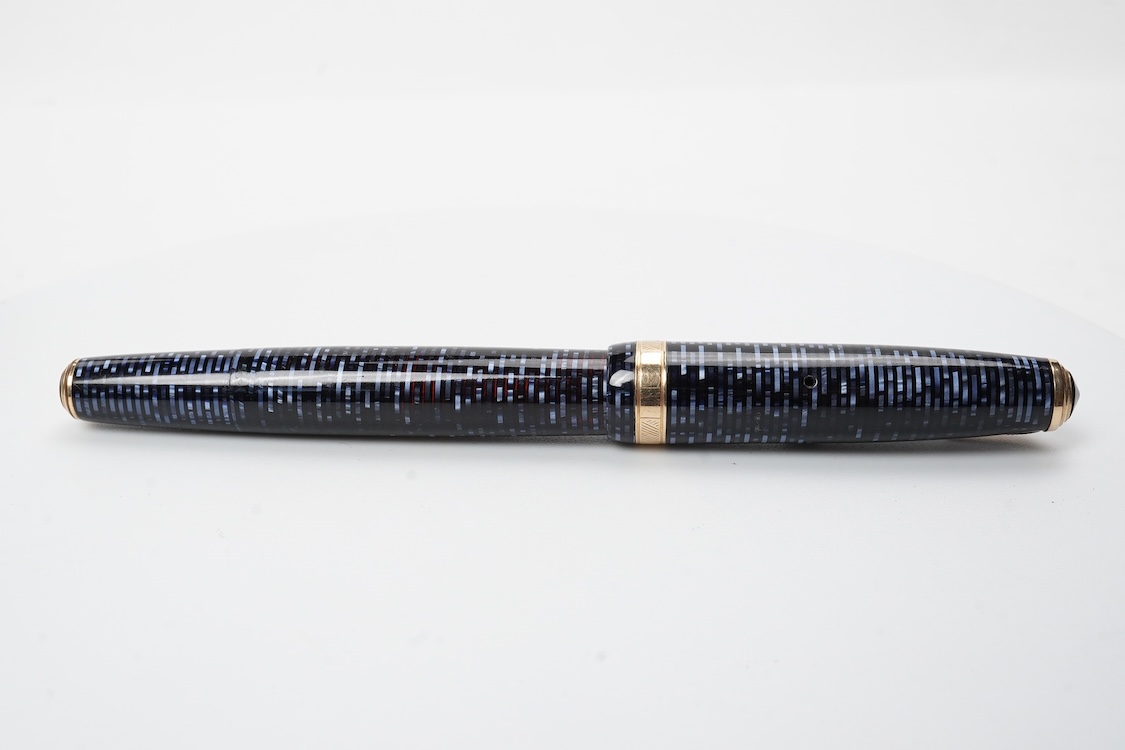 A Parker Long Major Vacumatic in rare blue pearl fitted with 14ct. gold Vacumatic nib